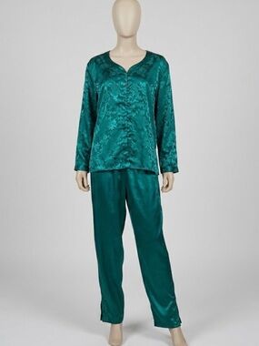 Vintage Victoria’s Secret Gold Label Green Jacquard Satin Floral Pajama Set Sz M